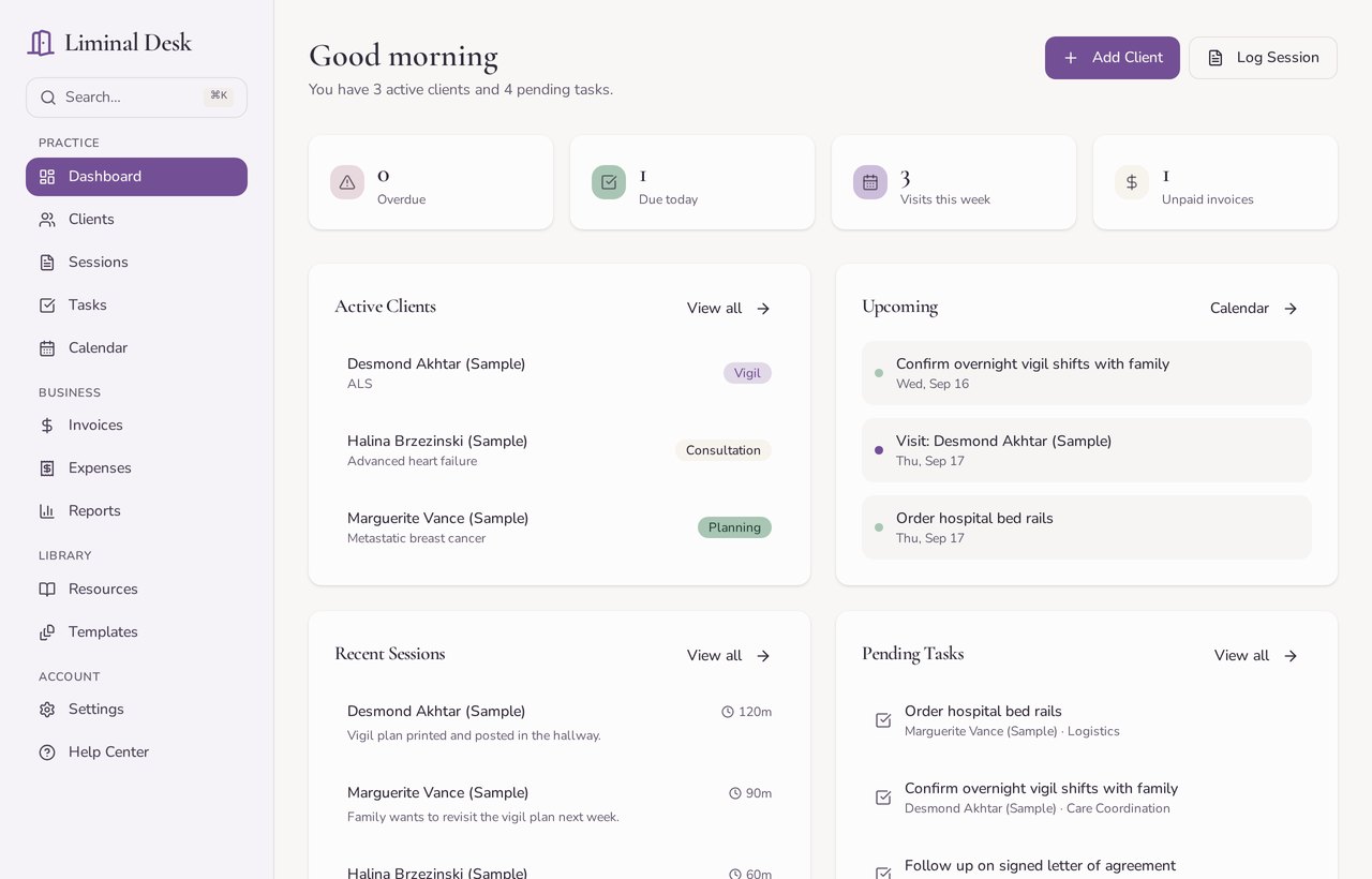 Open the day and know where you stand — screenshot of Liminal Desk showing fictional demo data