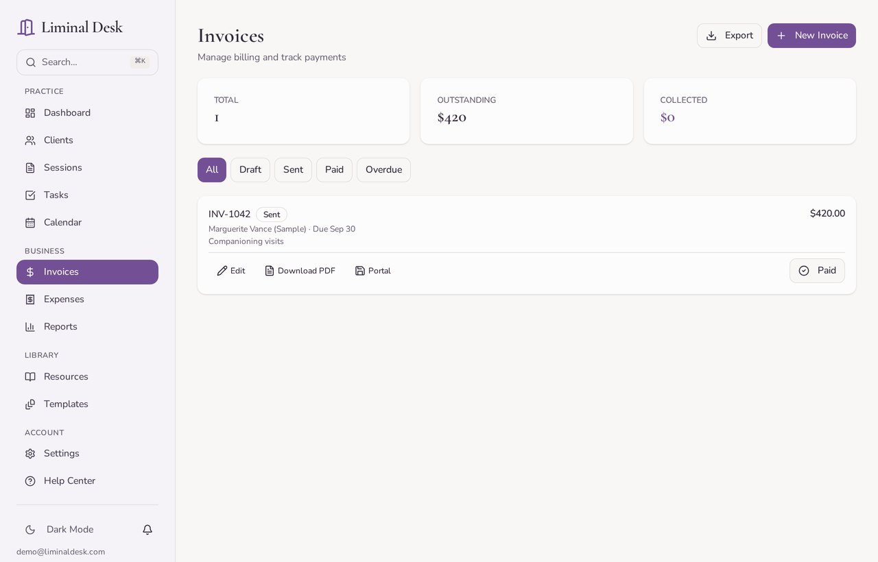 Send the invoice and see if it was paid — screenshot of Liminal Desk showing fictional demo data