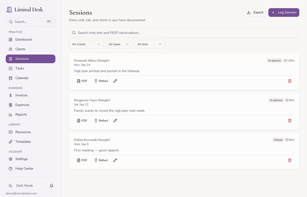 Write the visit down while it is fresh — screenshot of Liminal Desk showing fictional demo data